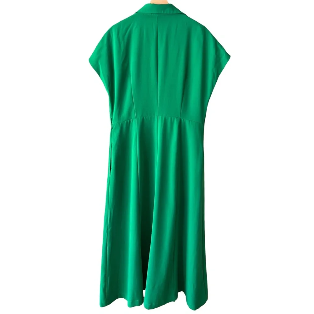 NWT Mac Duggal Crepe Collar Short Sleeve Green Midi Dress - NO BELT - Picture 7 of 11